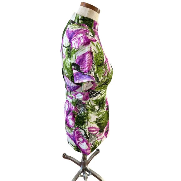 Vintage 60s Short Sleeve Belted Peplum Top Hawaiian Hibiscus Print - Picture 4 of 7